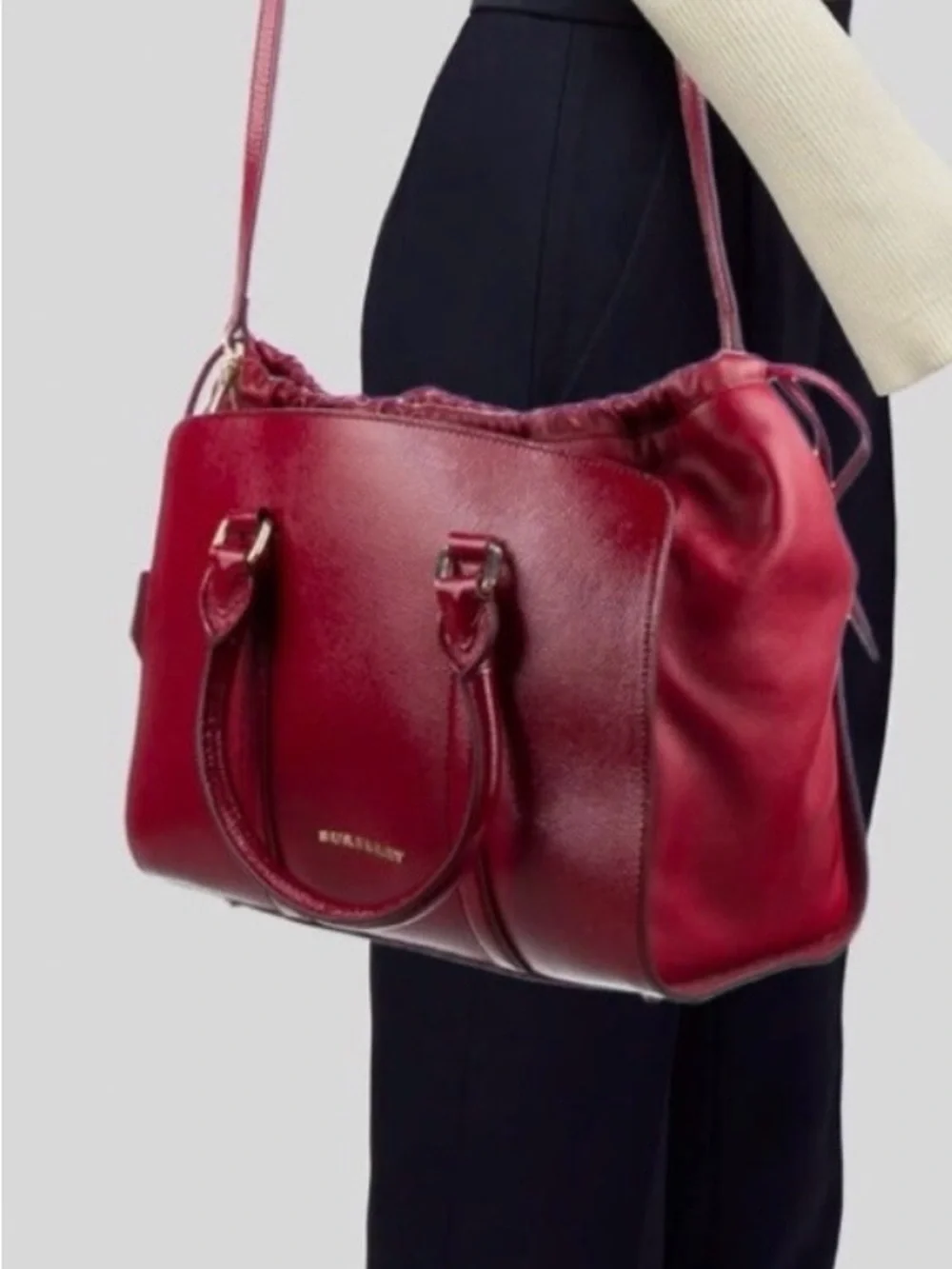 Burberry Burgundy Leather Satchel with Gold Hardware